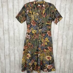 Vintage Jenny Tropical Floral V Neck Collared Short Sleeve Knee Length Dress 14